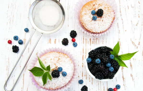 Berries, powdered sugar, muffins, Olena Rudo