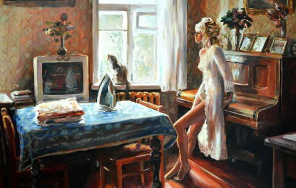 Picture girl, art, flowers, plan, window, painting, interior, blonde