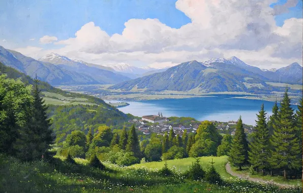 Flowers, Clouds, Home, Mountains, Lake, Trees, Picture, Landscape