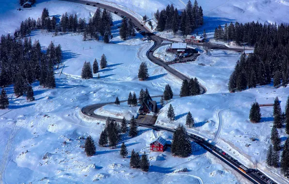 Winter, auto, snow, view, road, home, Switzerland