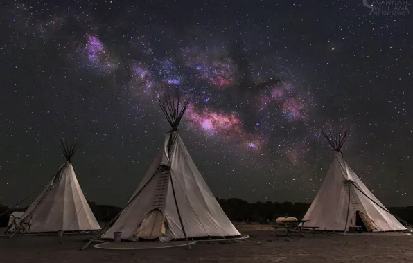 Picture the sky, stars, the milky way, wigwam, tipi, home of the Indians