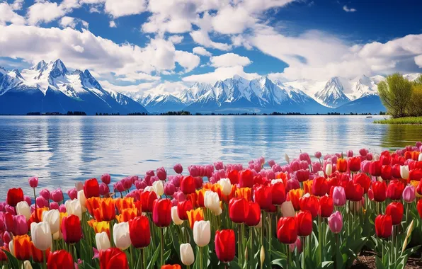 Flowers, spring, colorful, tulips, red, sunshine, landscape, nature