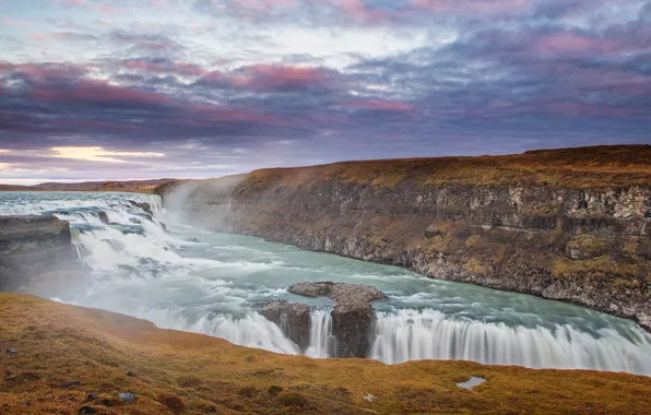 The sky, clouds, river, waterfall, gorge, Iceland
