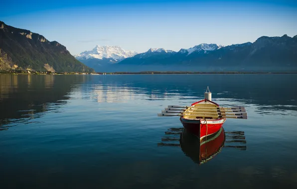The sky, mountains, lake, reflection, boat, mirror, paddles