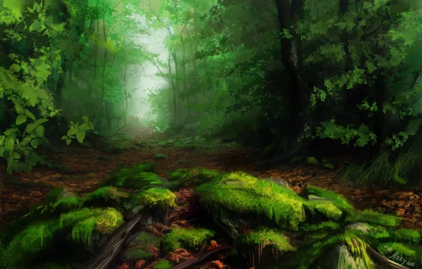 Greens, forest, trees, moss, painted landscape
