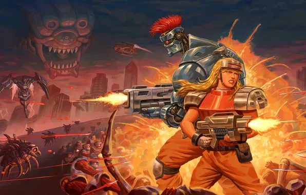 Girl, weapons, fiction, monster, cyborg, Blazing Chrome