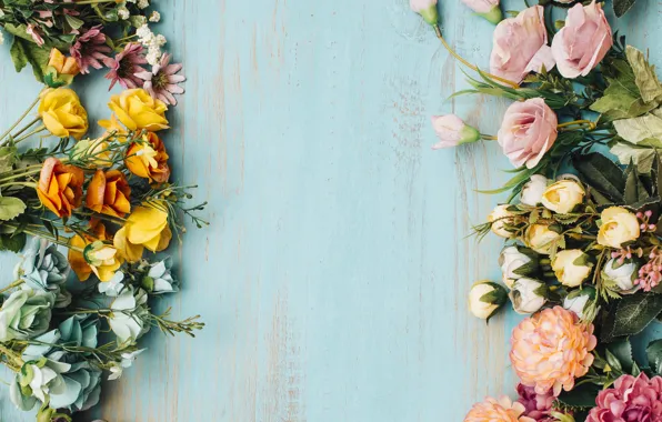 Flowers, roses, buds, wood, Colorful, flowers, decor, eustoma