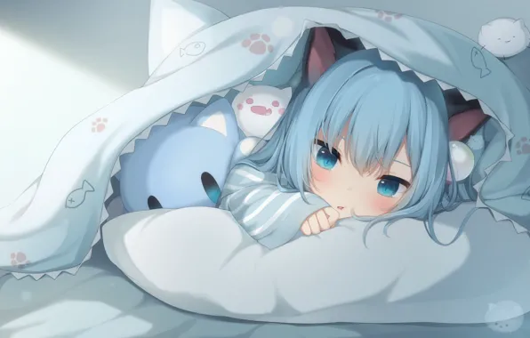 Girl, pillow, blanket, neko