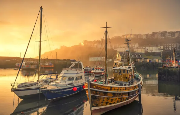 Picture fog, ship, England, home, boats, harbour, Mevagissey