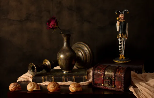 Flower, light, the dark background, table, toy, rose, books, clown