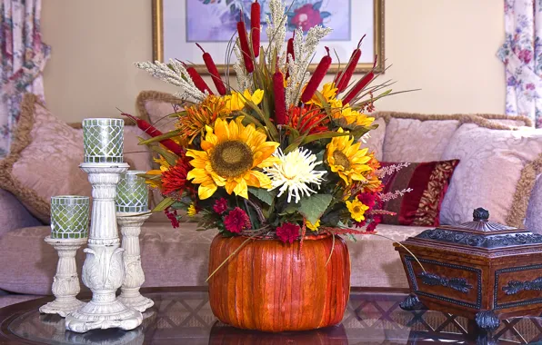 Flowers, room, sofa, interior, picture, pillow, candles, box