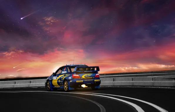 Picture WRX, flame, subaru, road, rally, landscape, sunset, night