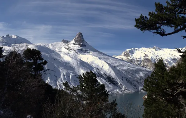 Winter, the sky, snow, trees, mountains, branches, nature, rocks