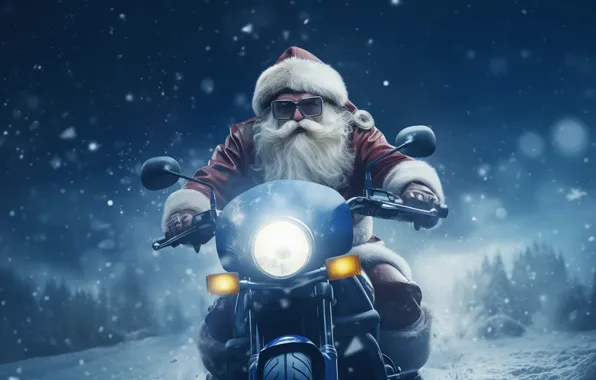 Winter, snow, Christmas, motorcycle, New year, motorcyclist, Santa Claus, Santa Claus