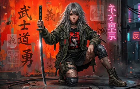 Wallpaper girl, anime, katana, cyberpunk