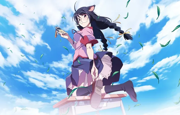 The sky, girl, anime, ears, neko, bakemonogatari, Tsubasa Hanekawa, Tsubasa Hanekawa