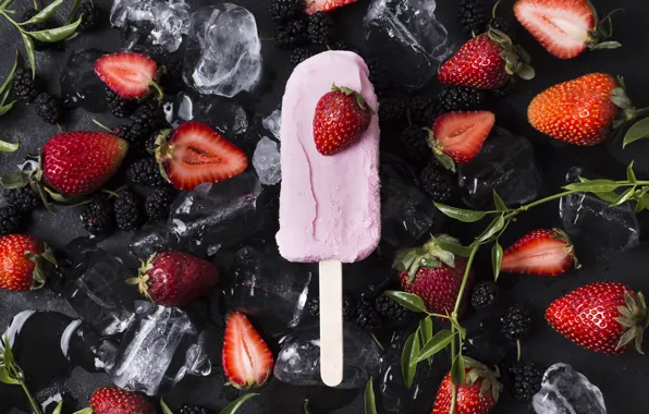 Leaves, berries, the dark background, strawberry, pink, ice cream, dessert, Popsicle