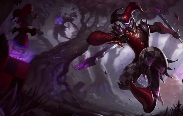 Trees, toys, fantasy, League of Legends, harlequin, Riot Games, Shaco, Evan Monteiro