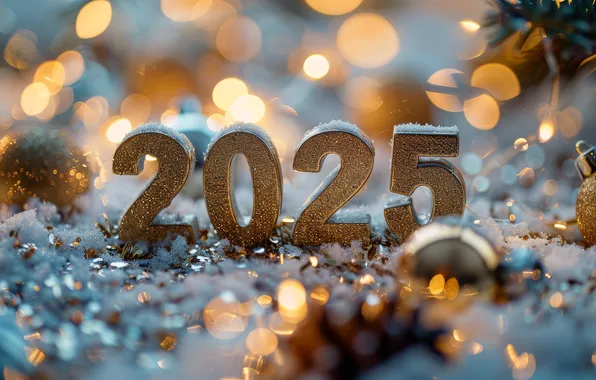 Winter, snow, lights, figures, New year, needles, date, bokeh