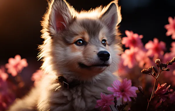Flowers, dog, puppy, AI art, neural network