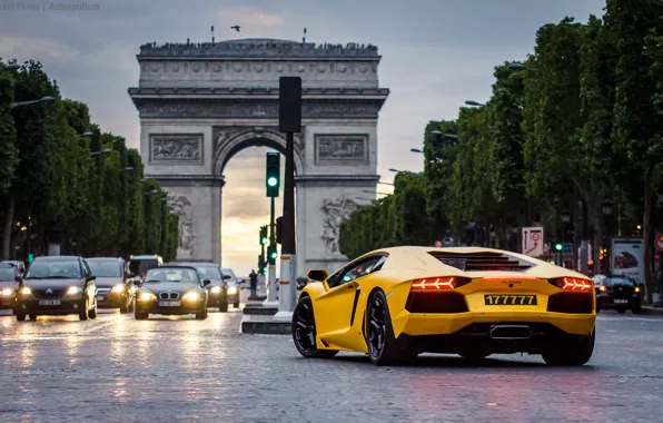 Paris, Paris, cars, yellow, night, Lamborghini Aventador