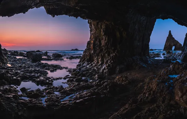 Sea, the sky, sunset, rock, darkness, stones, rocks, shore