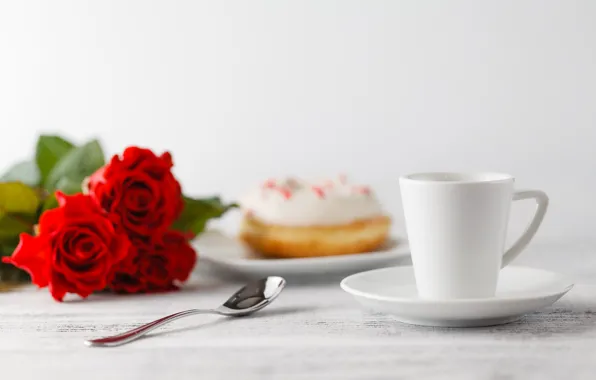 Coffee, roses, Cup, donut, Andrey Cherkasov