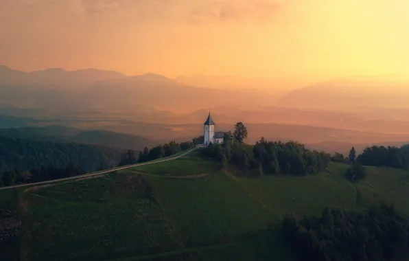 Picture landscape, mountains, nature, dawn, hills, village, morning, Church