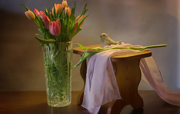 Tulips, fabric, vase, bird