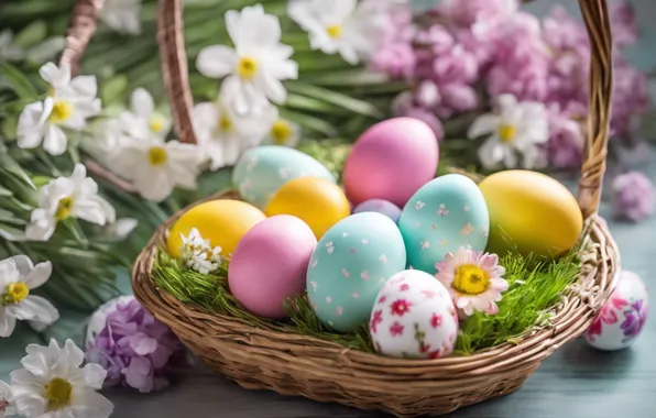 Flowers, eggs, spring, colorful, Easter, flowers, spring, Easter