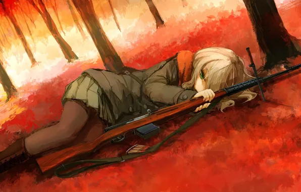 Loneliness, dagger, cartridges, rifle, military uniform, deprecia, in the woods, lying on his side