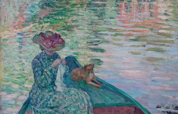 Paint, dog, picture, genre, Henri Lebacq, A young girl in a boat
