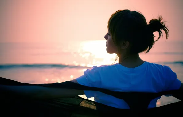 Picture sea, girl, sunset, loneliness, brunette