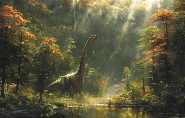 Lake, Trees, Dinosaur, Animal, Digital art, Ancient animals, Extinct animals, Prehistoric