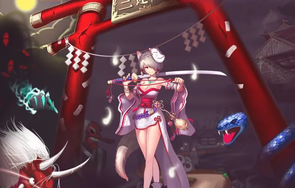 Snake, Girl, katana, gate, mask, tail, red, horns