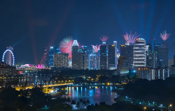 Building, Singapore, fireworks, night city, skyscrapers, Singapore, by Tan Bing Dun, Kallang