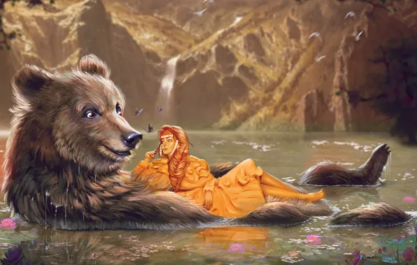 Girl, Figure, River, Bear, Dress, Bear, River, Art