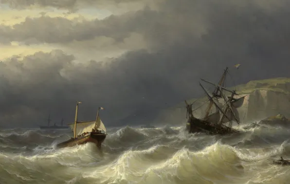 Tree, ship, oil, picture, seascape, Louis Meyer, Storm in Pas-de-Calais