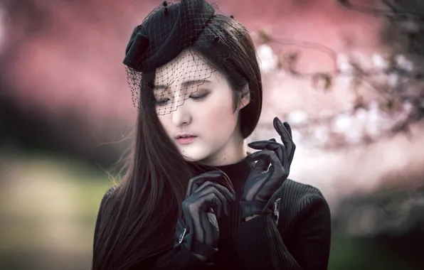 Picture girl, portrait, gloves, hat, Asian, veil, Misaki