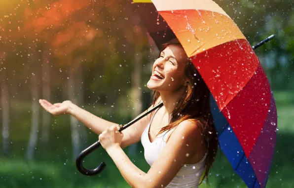 Picture the rain, summer, girl, the sun, drops, joy, happiness, smile, umbrella, background, rain, Wallpaper, mood, …