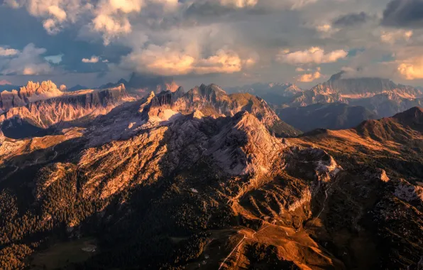 The sky, clouds, light, mountains, stones, rocks, tops, view