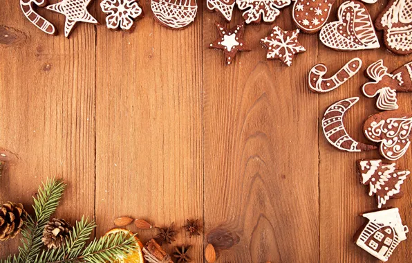 Stars, snowflakes, branches, Board, cookies, Christmas, New year, nuts