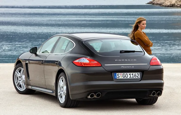 Sea, auto, look, girl, lights, Porsche, 970, Panamera S