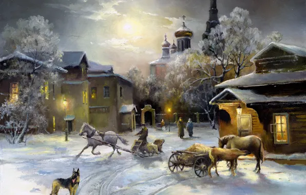 Picture the sky, light, snow, Windows, dog, horse, Church, painting
