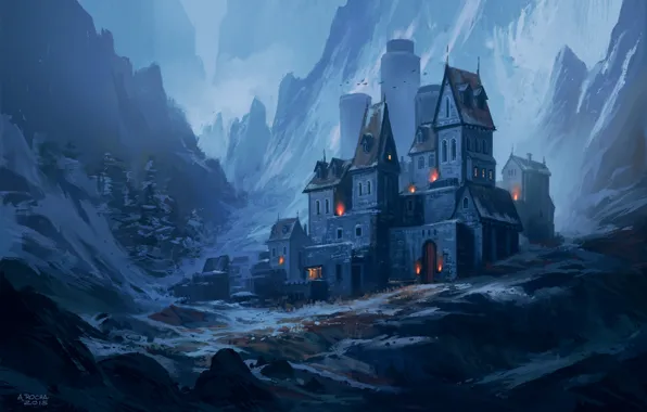 Picture lights, fantasy, night, mountains, snow, castle, artist, digital art