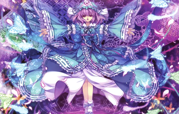Look, girl, butterfly, magic, touhou, art, saigyouji yuyuko, capura lin