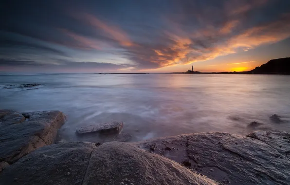 Sea, landscape, sunset, lighthouse