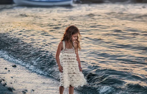 Picture shore, boat, wave, barefoot, dress, girl, child, barefoot