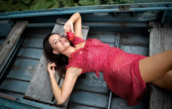 Girl, pose, smile, mood, boat, Apple, dress, Dmitry Shulgin