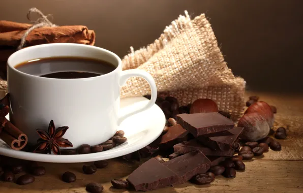 Picture coffee, chocolate, grain, Cup, nuts, cinnamon, coffee, spices